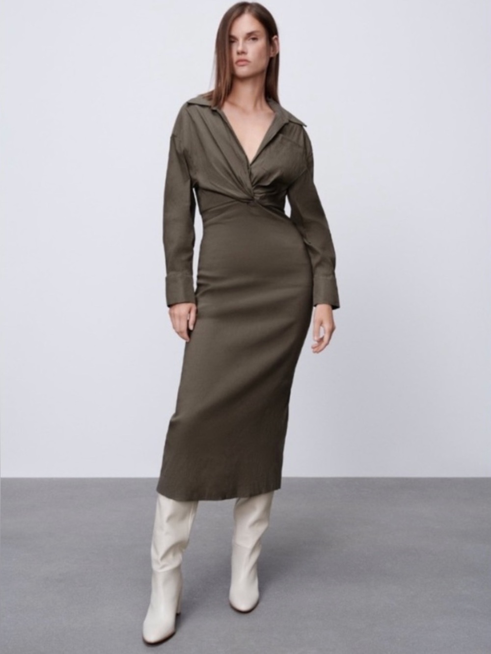 Zara Linen Blend Long Sleeves Ruched Gathered Details Dress Khaki Size XL NWOT